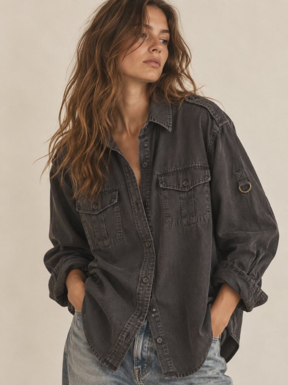 Lauren Ralph Lauren 100% Linen Utility Shirt Black 2X Oversized Safari Button Up